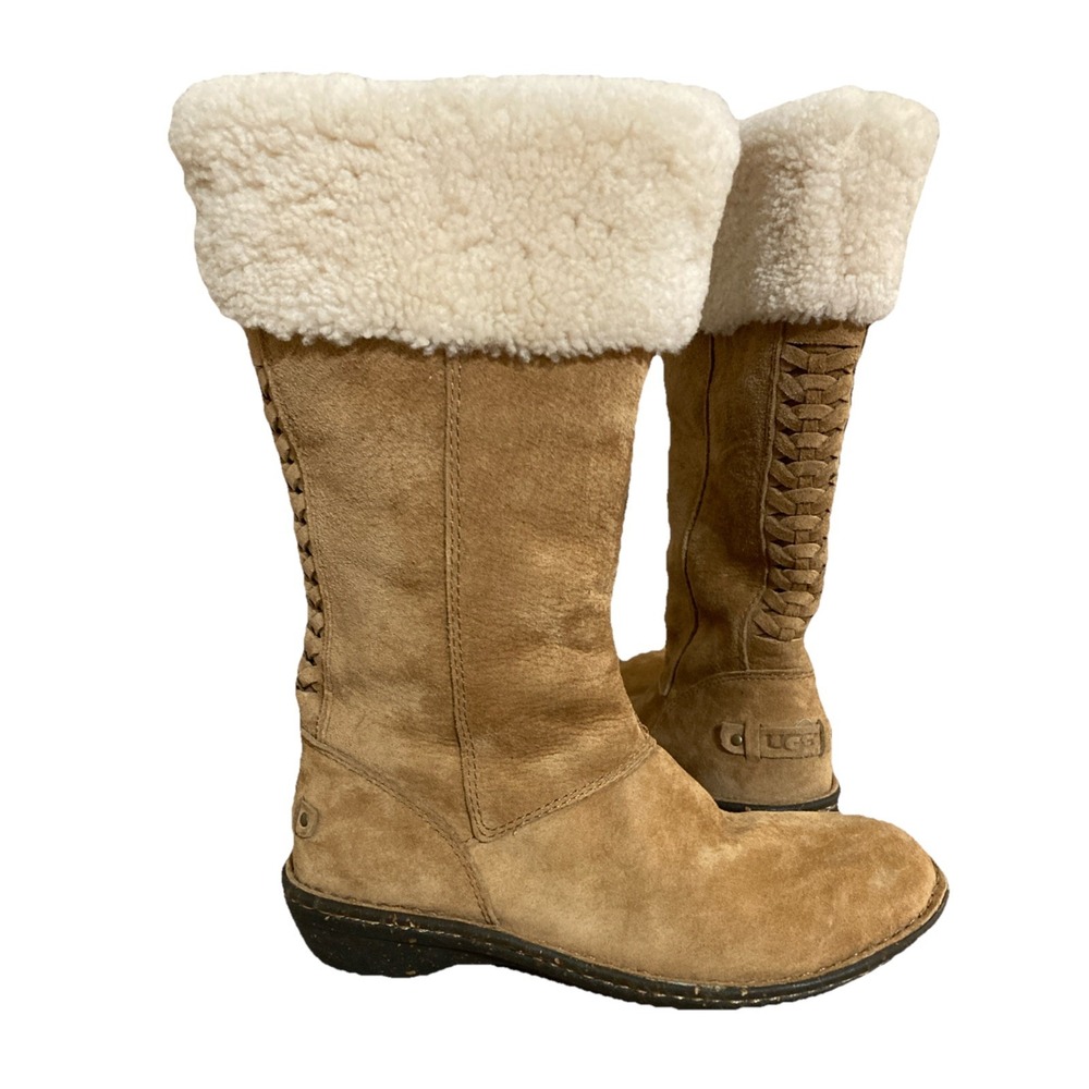 UGG Karyn Cuff Sheepskin Boots Womens Size 6 Tan Brown Pull On Shoes Clean